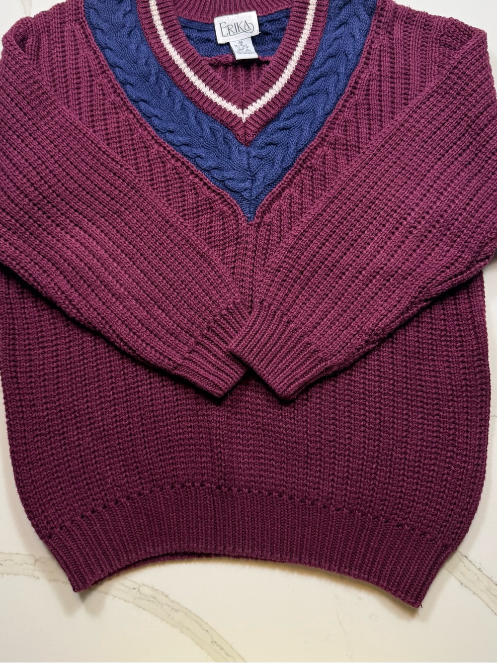 Vintage Erika Women's Plum Cable-Knit V-Neck Sweater with Navy Contrast